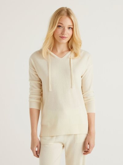 Creamy White Women's Benetton Pure Cashmere Hood V-neck Sweaters | AU520181