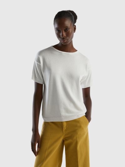 Creamy White Women's Benetton Short Sleeve Sweaters | AU645394