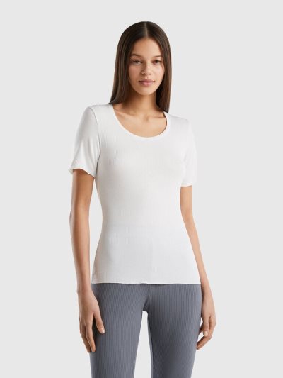 Creamy White Women's Benetton Slim Fit Ribbed T Shirts | AU738952