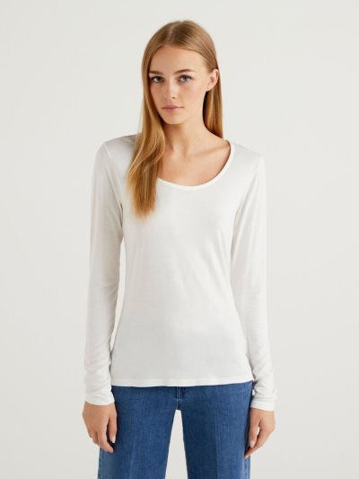 Creamy White Women's Benetton Sustainable Stretch Viscose Long Sleeve T-shirts | AU487379