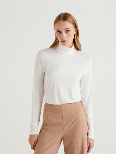 Creamy White Women's Benetton Sustainable Stretch Viscose Turtleneck Long Sleeve T-shirts | AU517552