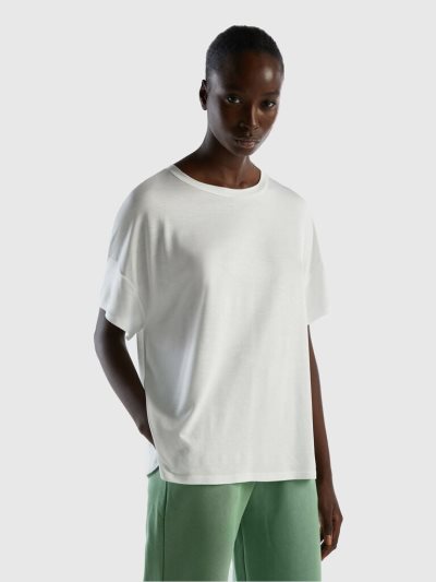 Creamy White Women's Benetton Sustainable Stretch Viscose Short Sleeve T-shirts | AU879223