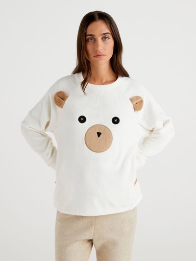 Creamy White Women's Benetton Teddy Bear Embroidery Sweatshirt | AU213166