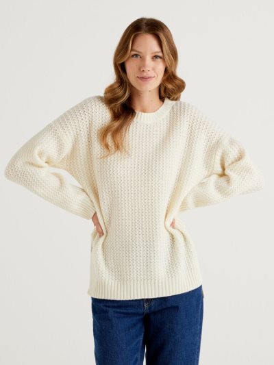 Creamy White Women's Benetton Wool Blend Slits Crew Neck Sweaters | AU993305