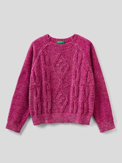 Cyclamen Kids' Benetton Cable Knit Chenille Sweaters | AU319375