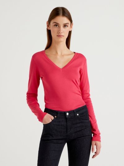 Cyclamen Women's Benetton Long Sleeve V-neck T Shirts | AU337309