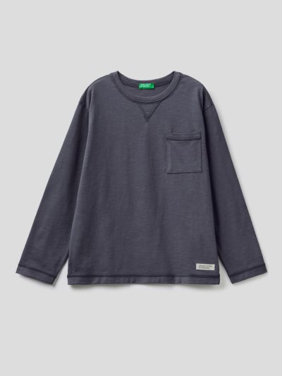 Dark Blue Kids' Benetton Breast Pocket Organic Cotton Long Sleeve T-shirts | AU880274