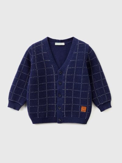 Dark Blue Kids' Benetton Checked Inlay Cardigan | AU548635