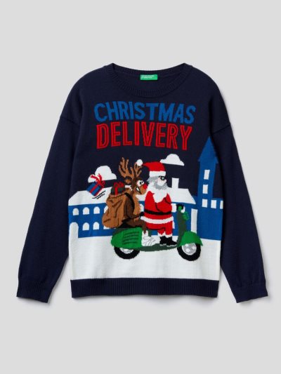 Dark Blue Kids' Benetton Christmas Inlay Sweaters | AU368025