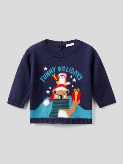 Dark Blue Kids' Benetton Christmas Inlays Sweaters | AU937436