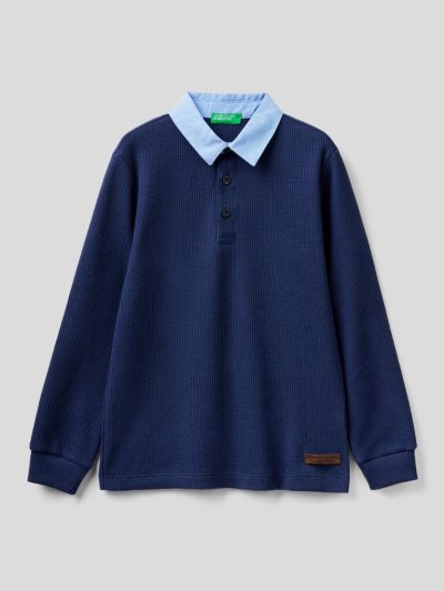 Dark Blue Kids' Benetton Clashing Collar Long Sleeve Polos | AU766427