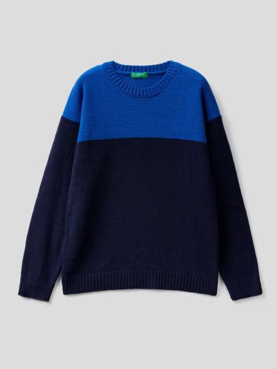 Dark Blue Kids' Benetton Color Block Wool Blend Sweaters | AU182981