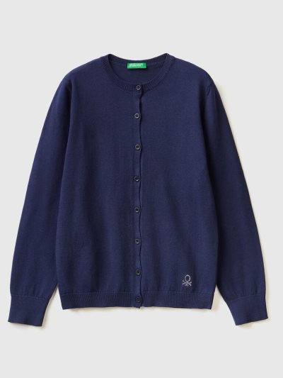 Dark Blue Kids' Benetton Crew Neck Cotton Blend Cardigan | AU291009