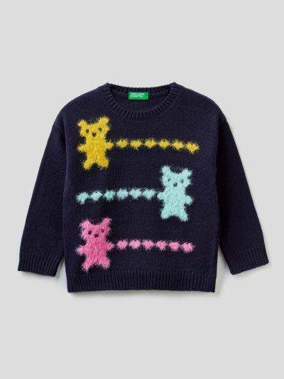 Dark Blue Kids' Benetton Crew Neck Inlays Sweaters | AU370423