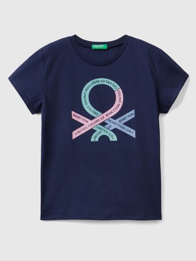 Dark Blue Kids' Benetton Glittery Logo Organic Cotton Short Sleeve T-shirts | AU973391