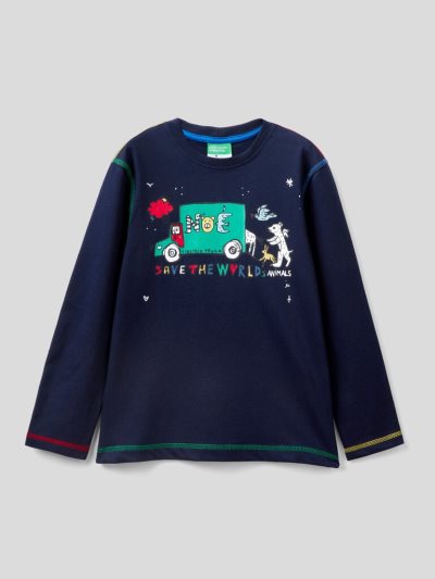 Dark Blue Kids' Benetton Jccxucb Print Long Sleeve T-shirts | AU256716