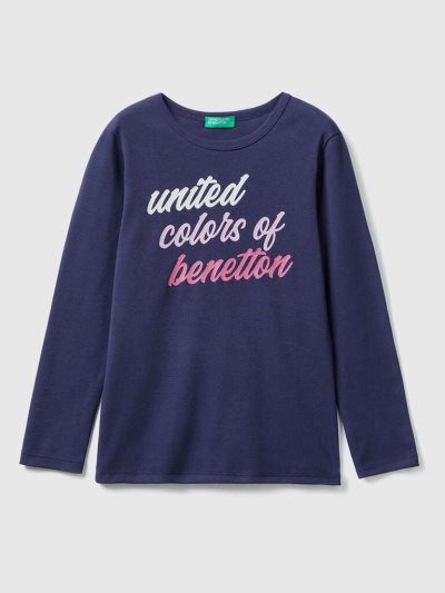 Dark Blue Kids' Benetton Long Sleeve Glitter Print T Shirts | AU166768