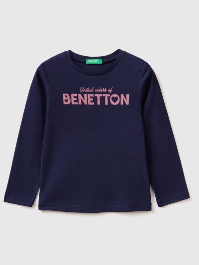 Dark Blue Kids' Benetton Long Sleeve Glitter Print T Shirts | AU408991