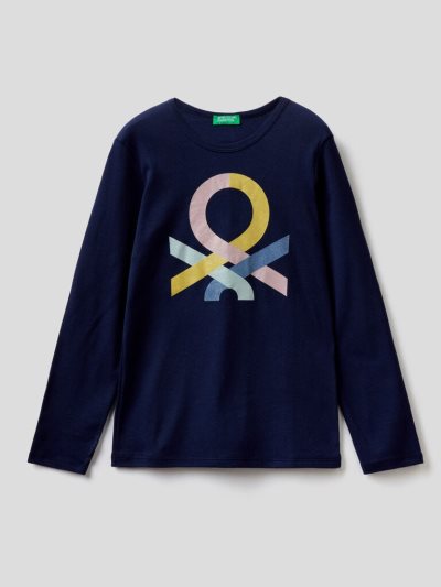 Dark Blue Kids' Benetton Long Sleeve Glitter Print T Shirts | AU577887