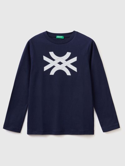 Dark Blue Kids' Benetton Long Sleeve Logo T Shirts | AU675840