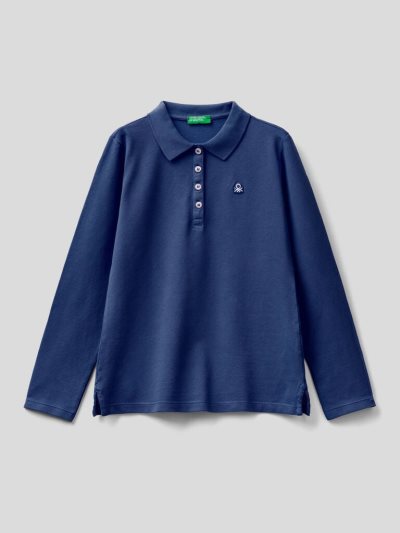 Dark Blue Kids' Benetton Organic Cotton Long Sleeve Polo Shirts | AU610413