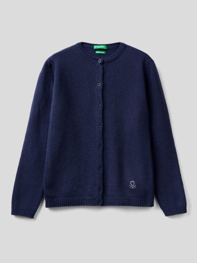 Dark Blue Kids' Benetton Rhinestone Logo Crew Neck Cardigan | AU012751