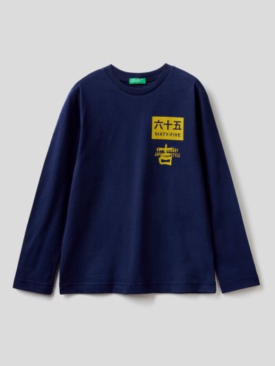 Dark Blue Kids' Benetton Warm Organic Cotton Print Long Sleeve T-shirts | AU814144