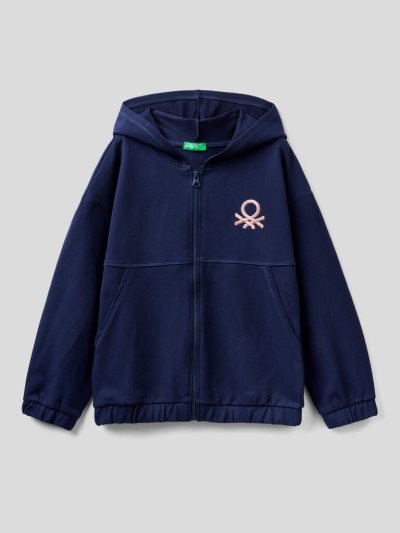 Dark Blue Kids' Benetton Warm Zip And Embroidered Logo Hoodie | AU993337