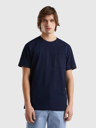 Dark Blue Men's Benetton 100% Cotton Pocket Short Sleeve T-shirts | AU708911