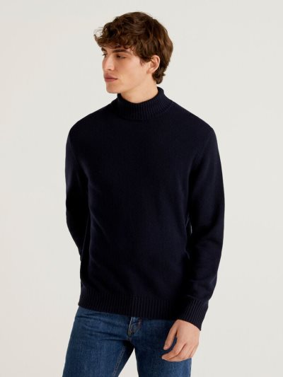 Dark Blue Men's Benetton Cashmere And Wool Blend Turtleneck High Neck Sweaters | AU784061