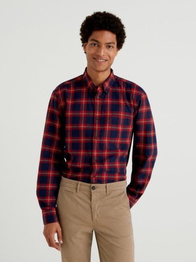 Dark Blue Men's Benetton Check Flannel Shirts | AU949317