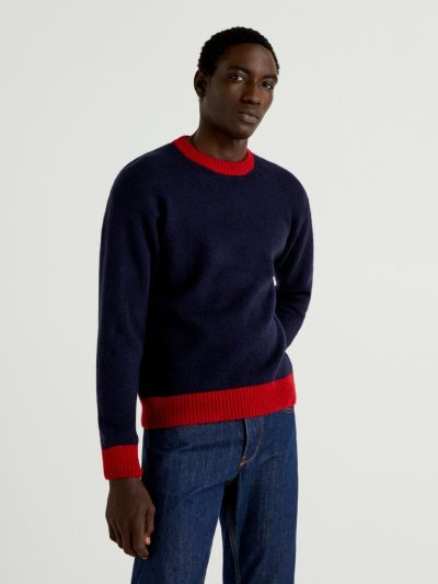 Dark Blue Men's Benetton Clashing Detail Crew Neck Sweaters | AU414826