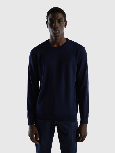 Dark Blue Men's Benetton Crew Neck 100% Cotton Sweaters | AU360852