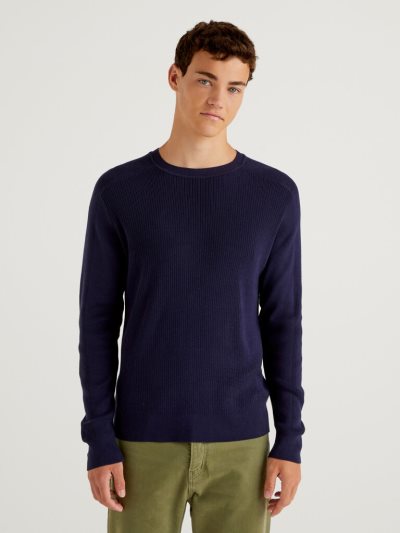 Dark Blue Men's Benetton Crew Neck Cotton Blend Sweaters | AU251941