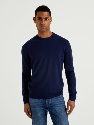 Dark Blue Men's Benetton Crew Neck Pure Merino Wool Sweaters | AU510759