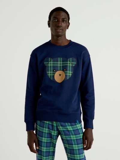 Dark Blue Men's Benetton Crew Neck Teddy Bear Print Sweatshirt | AU003632