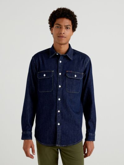 Dark Blue Men's Benetton Denim Pockets Shirts | AU574069