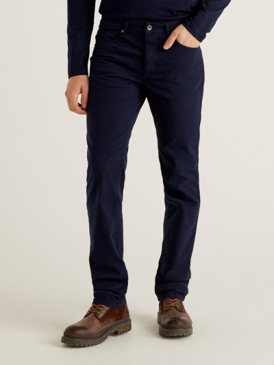 Dark Blue Men's Benetton Five Pocket Stretch Cotton Trousers | AU866693