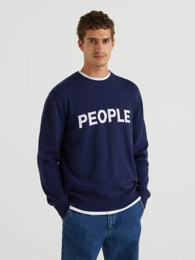 Dark Blue Men's Benetton Inlaid Slogan Crew Neck Sweaters | AU804109