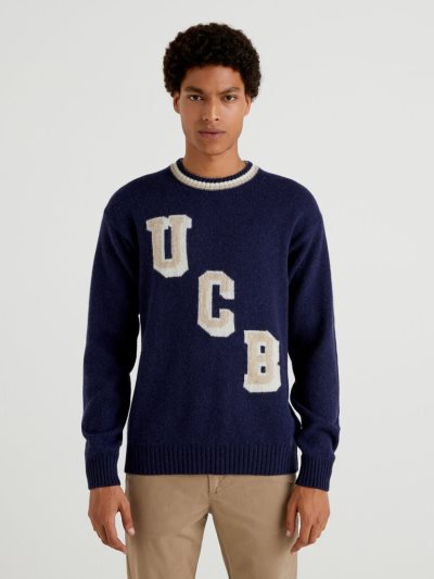 Dark Blue Men's Benetton Inlay Pure Shetland Wool Crew Neck Sweaters | AU582242