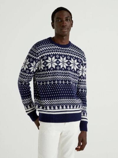 Dark Blue Men's Benetton Jacquard Wool Blend Crew Neck Sweaters | AU441458