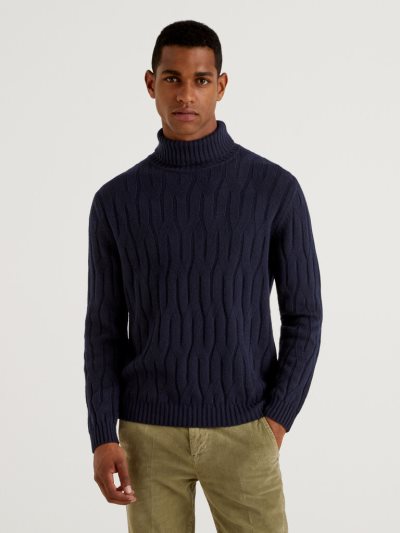 Dark Blue Men's Benetton Knit Cashmere And Wool Blend High Neck Sweaters | AU876802