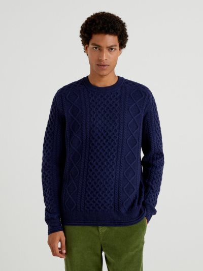 Dark Blue Men's Benetton Knit Wool Blend Crew Neck Sweaters | AU808936