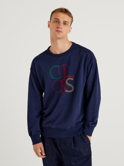 Dark Blue Men's Benetton Logo Embroidery Sweatshirt | AU540285