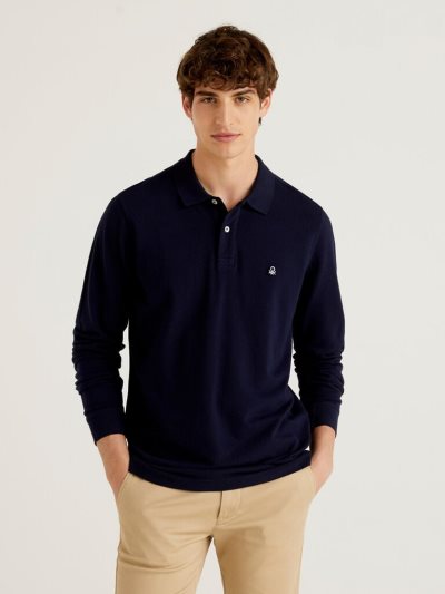 Dark Blue Men's Benetton Long Sleeve 100% Cotton Polo Shirts | AU113912