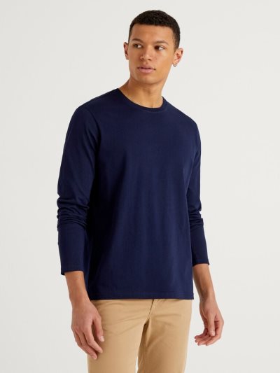 Dark Blue Men's Benetton Long Sleeve Pure Cotton T Shirts | AU919921