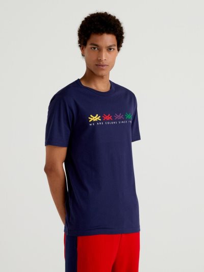 Dark Blue Men's Benetton Organic Cotton Logo Print Short Sleeve T-shirts | AU724156