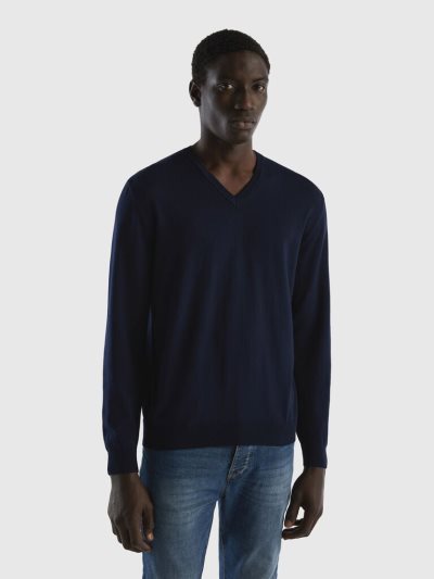 Dark Blue Men's Benetton Pure Cotton V-neck Sweaters | AU867067