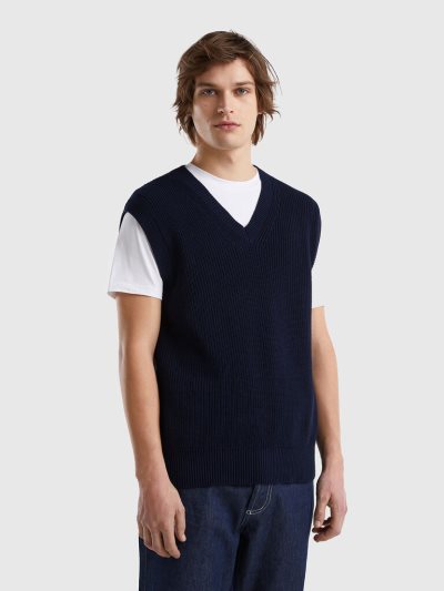 Dark Blue Men's Benetton Pure Cotton Vest | AU086687