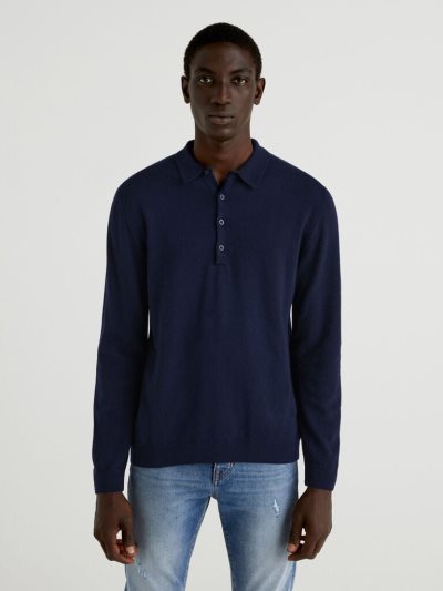 Dark Blue Men's Benetton Pure Merino Wool Long Sleeve Polos | AU011663